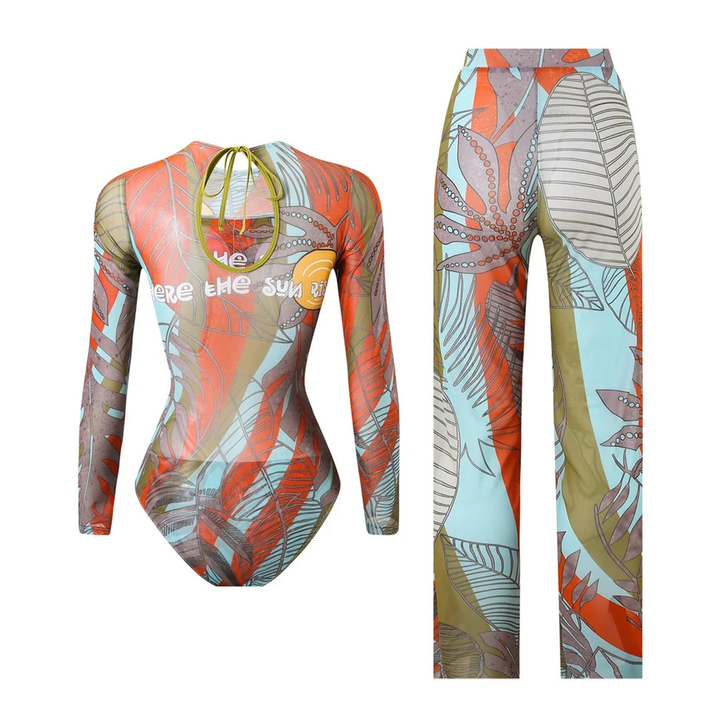 S - XXL New Printed Long Sleeve With Pants Women Swimwear One Piece Swimsuit Female Floral Padded Bather Bathing Suit Swim V7176