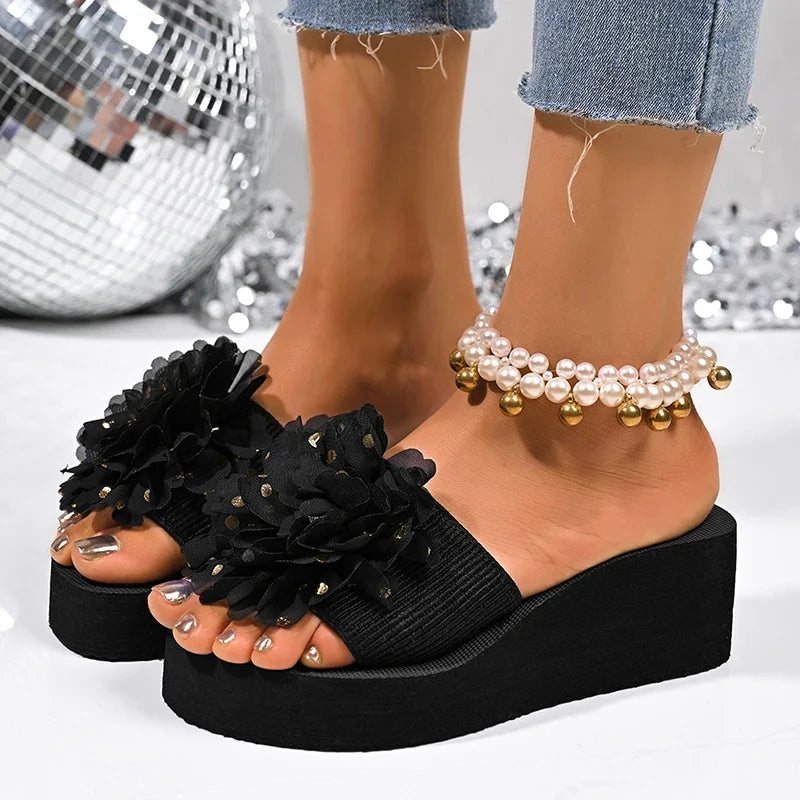 Mesh Big Flower Wedges Slippers Women Plus Size 43 Gold Sequins Platform Sandals Woman 2026 Summer Thick Sole Casual Slides