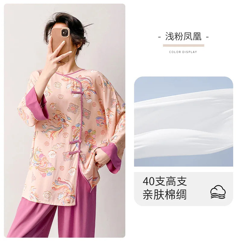 Plus size mother's cotton silk pajamas spring and summer new Chinese style can be worn outside home clothes Mother's Day gift