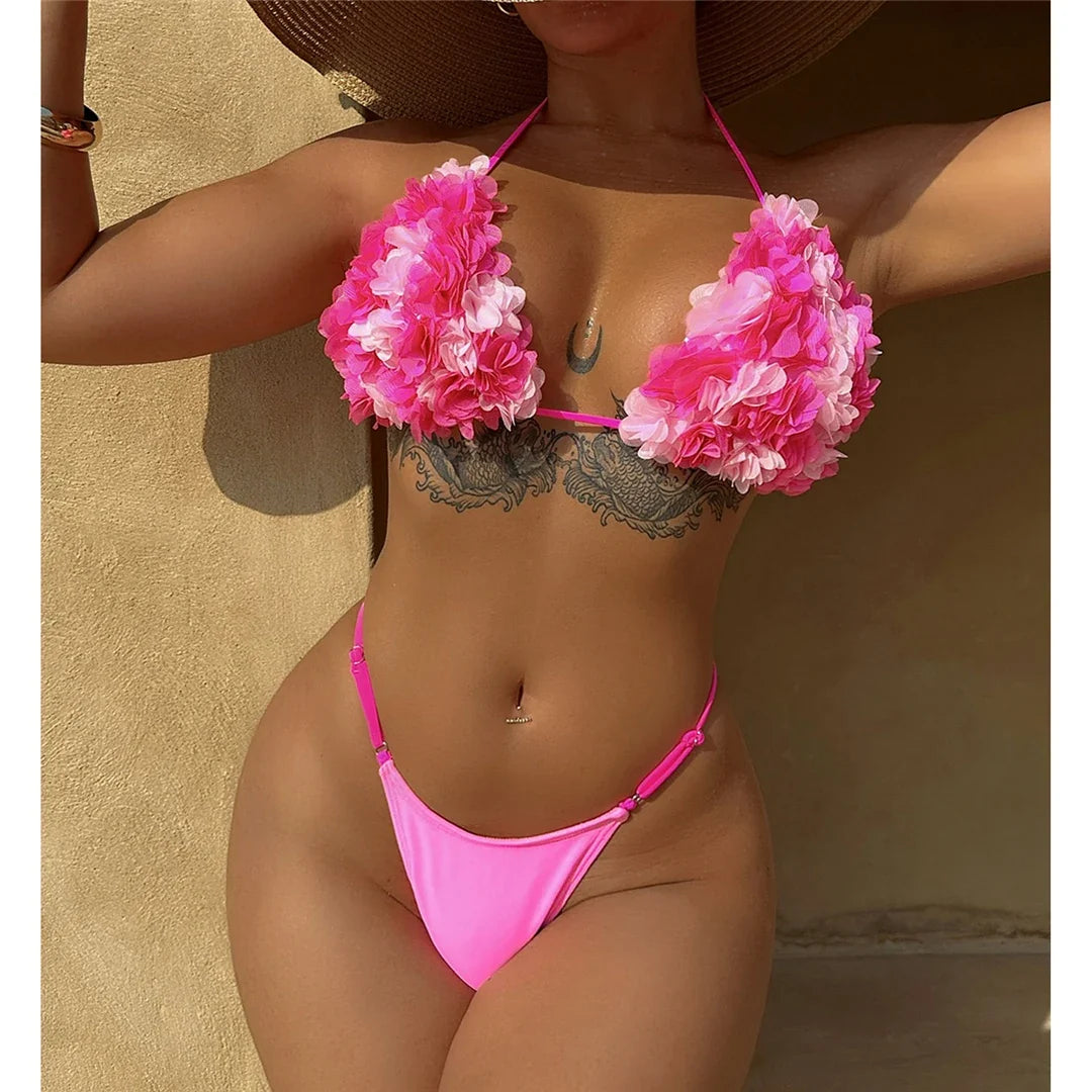 Sexy 3D Flowers Halter High Leg Cut Bikini Women Swimwear Female Swimsuit Two-Pieces Bikini Set Bather Bathing Suit Swim V5386