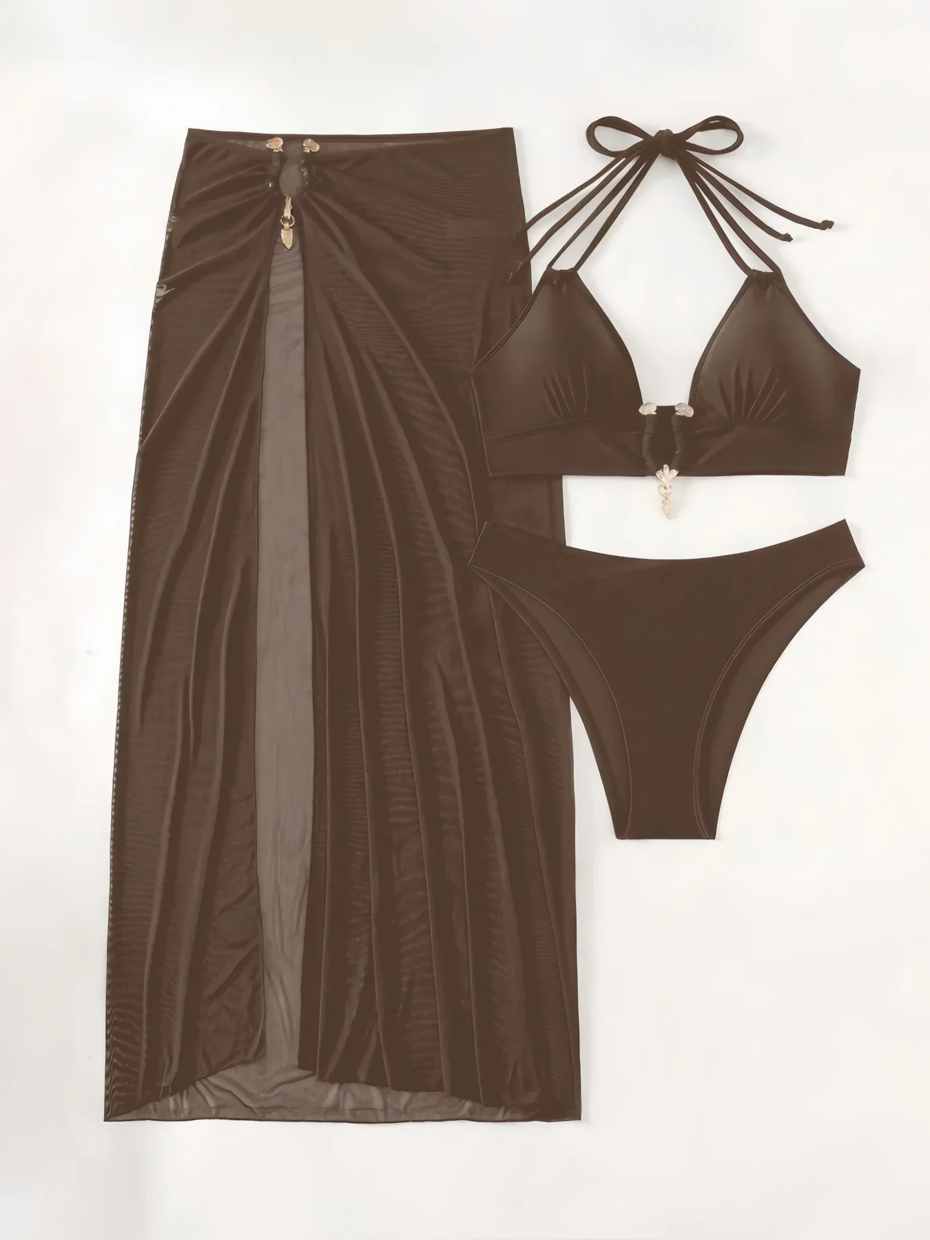 3 Pieces Halter Bikinis 2026 Solid Swimwear Female Sexy Swimsuit Women With Mesh Beach Dress Bathers Bathing Swimming Swim Suit