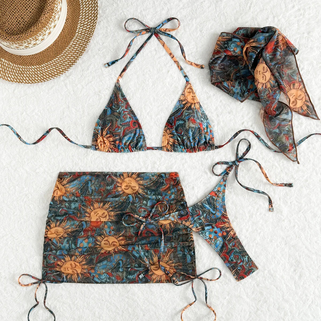 Sexy Abstract Sun Print Bikini Set 2025 Women Push Up Bra Mesh Skirt 4 Piece Swimsuit Summer Bathing Suit Holiday Swimwear