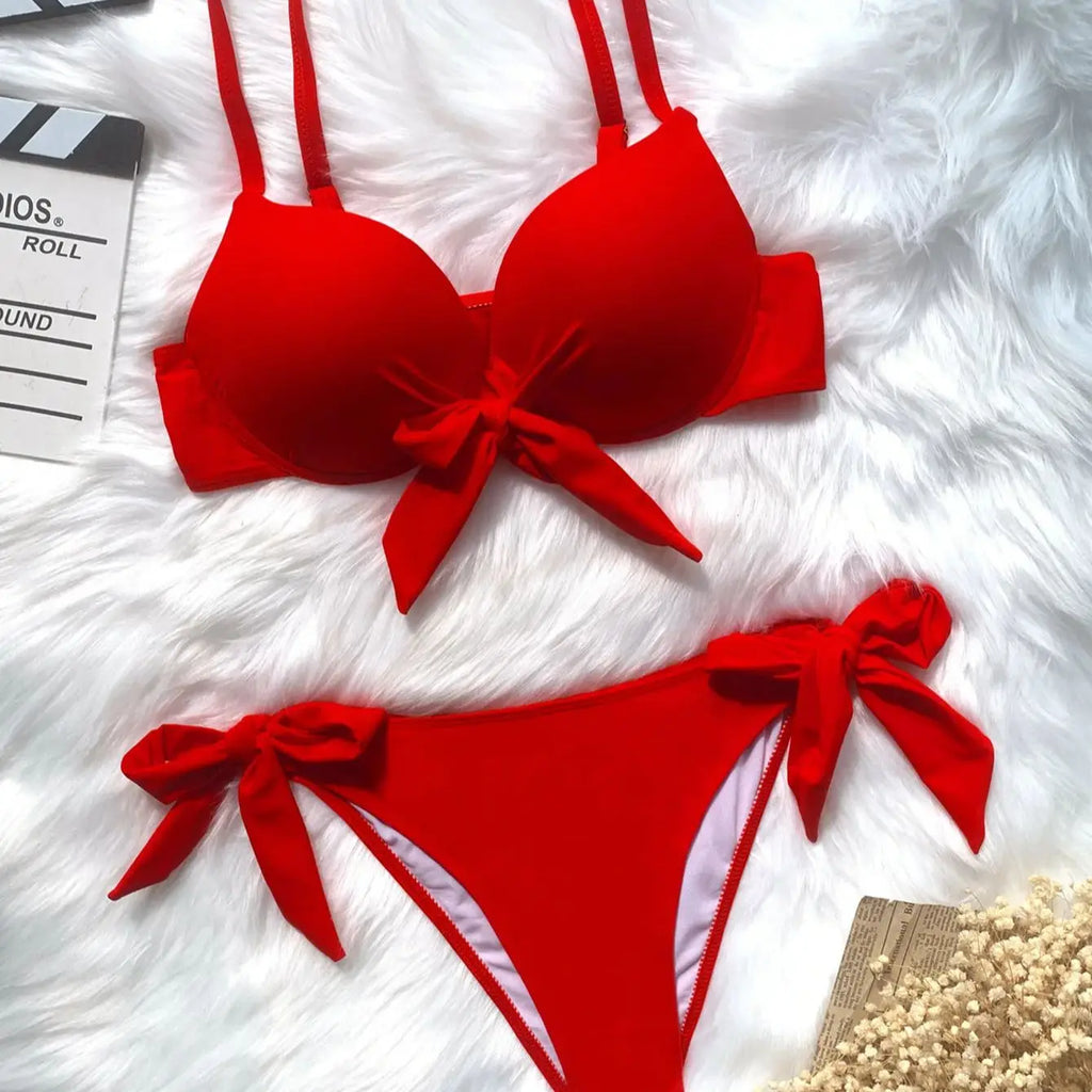 DEKA Sexy Solid Push Up Bikini Set Front Bow Knot Swimsuit Women Sexy Halter Two Piece Beachwear Bathing Suit Swimwear Biquini