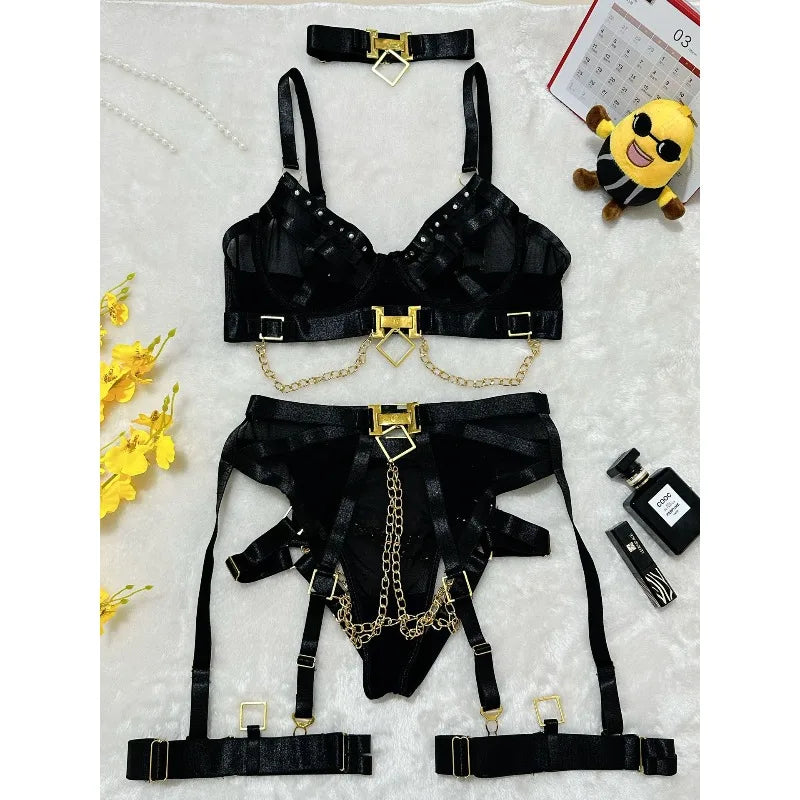 Toucheart Erotic Underwear Mesh See-through Patchwork Metal Chain Hot Girls Sexy Seductive Coquette Nightclub Party Dance Suit