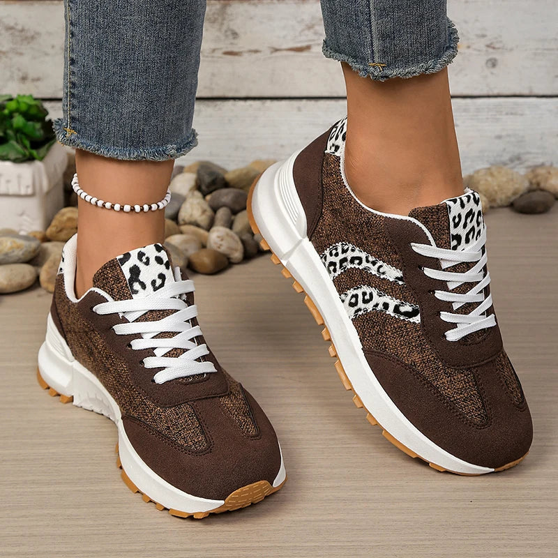 Fashion Leopard Print Pink Sneakers Women 2026 Spring Non Slip Platform Sneakers Woman Comfortable Lace Up Sport Shoes Plus Size