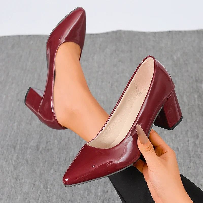 Plus Size 42 Pointed Toe Thick Heels Pumps Women Slip On Pu Leather High Heels Shoes Woman High Heeled Office Party Shoes Ladies