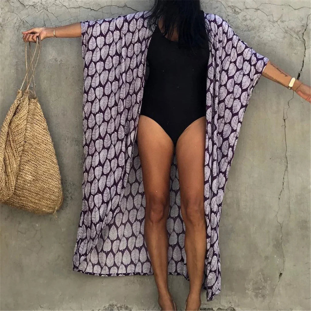 7 Colors Leaves Printed With Belt Half Sleeve Tunic Beach Cover Up Cover-ups Beach Dress Beach Wear Beachwear Female Women V4511