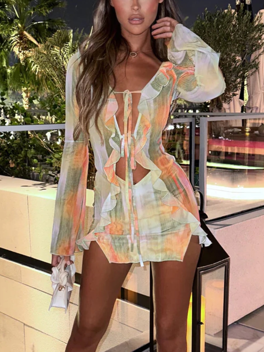 Women Long Sleeve Bodycon Mini Dress Cut Out Mesh See Through Lacing Tie-dye Print Patchwork Slit Sundress for Club Party