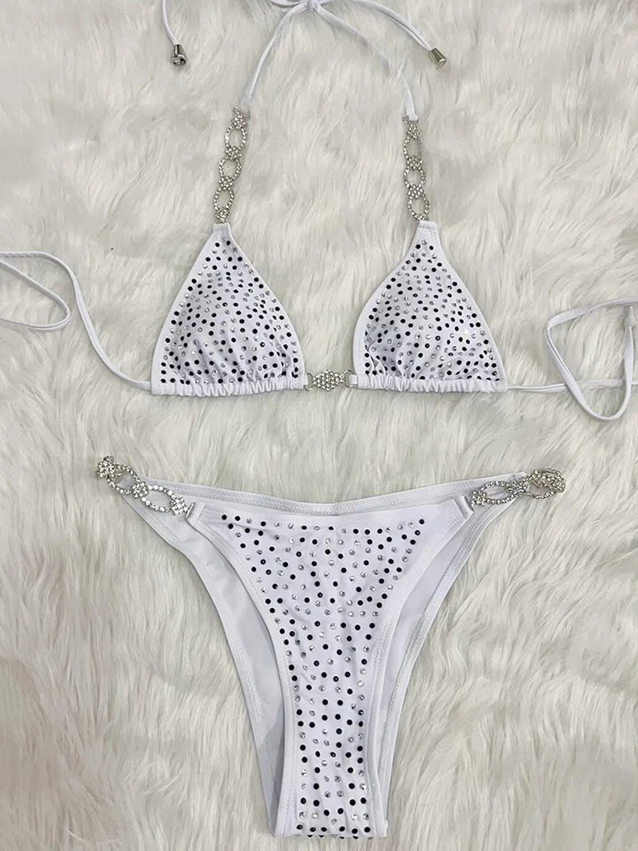 Shiny Sequins Rhinestone Bikini Women Swimwear Female Swimsuit Two-pieces Bikini set Metal Chain Halter Bather Bathing Suit Swim