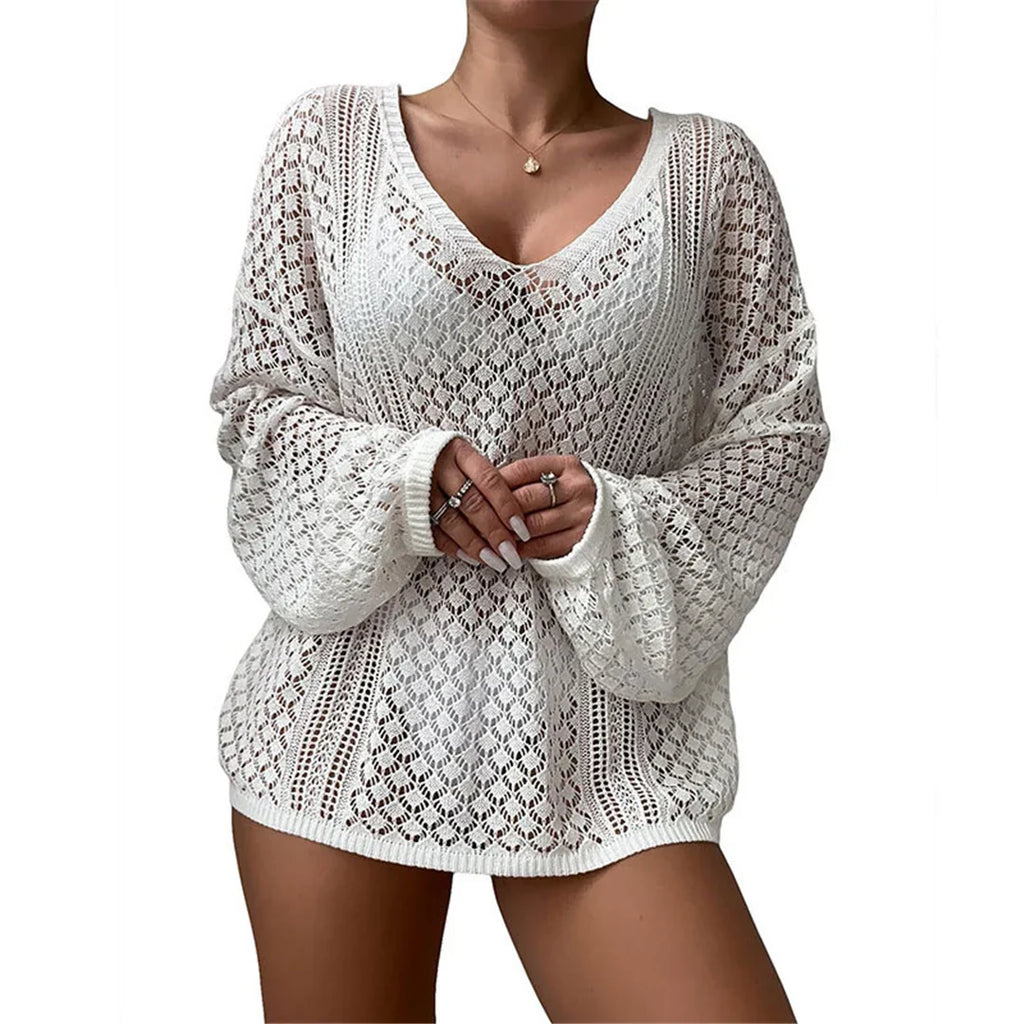 S - XL New V Neck Long Sleeve Crochet Knitted Tunic Beach Cover Up Cover-ups Beach Dress Beach Wear Beachwear Female Women V8284