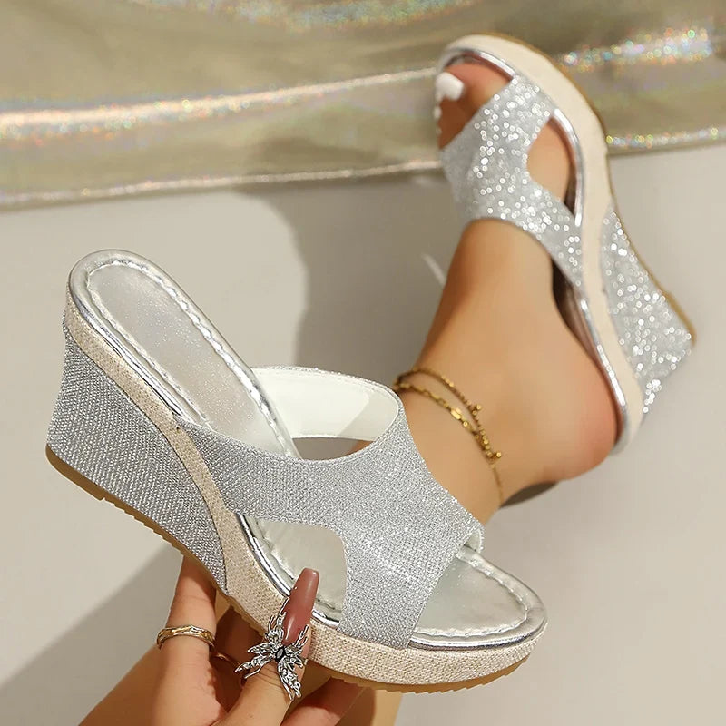 Gold Silver Crystal Wedges Sandals Women Fashion Plus Size 43 Chunky Heels Slippers Woman 2026 Summer Peep Toe Platform Sandles
