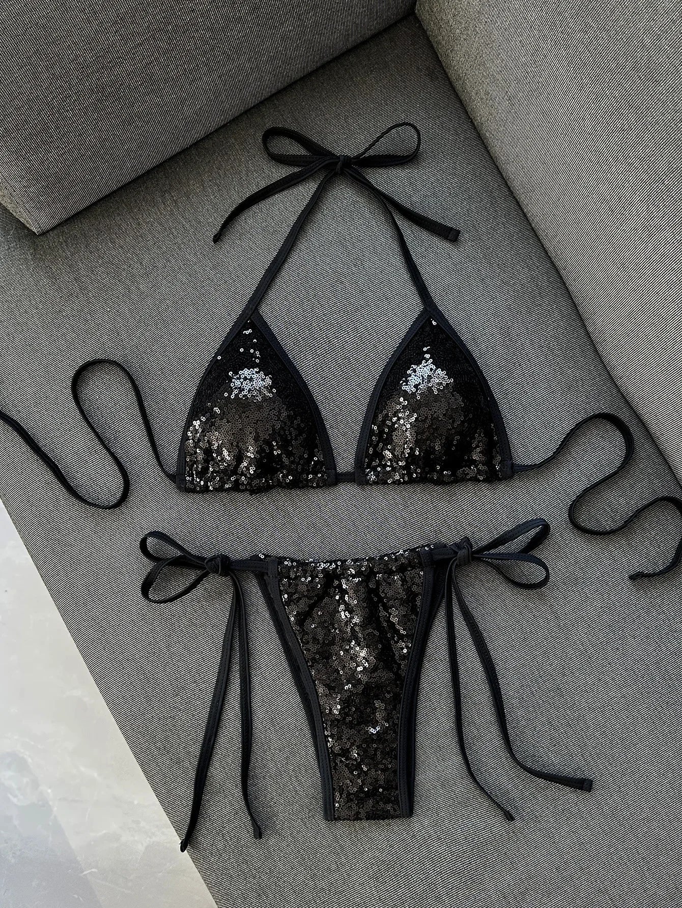 Shiny Sequin Blue Bikini Set 2026 Women Sexy Halter Push Up Bra Bandage Thong Swimsuit Beach Bathing Suit Hoiday Micro Swimwear