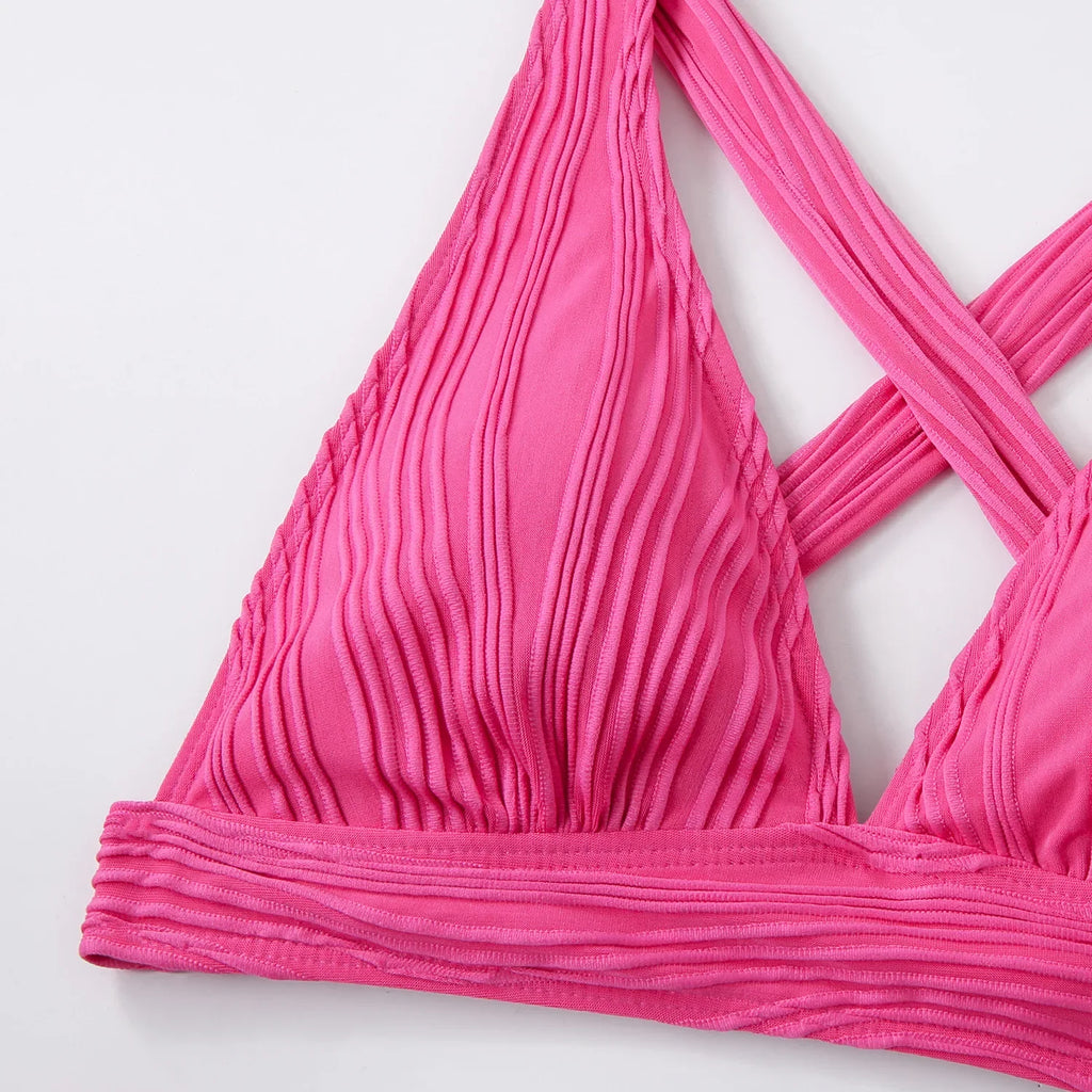 Wrinkled Crinkled Cross Back Bikini Women Swimwear Female Swimsuit Two-pieces Bikini Set High Cut Bathing Suit Swim Beach Wear