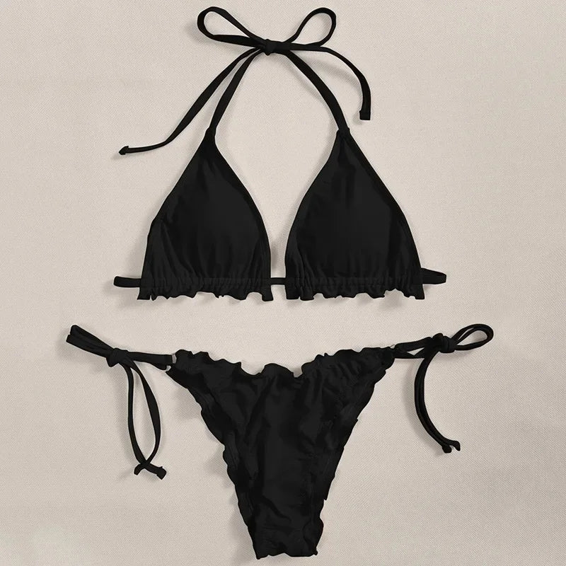 Ribbed Ruffled Frilled Brazilian Bikini Women Swimsuit Female Swimwear Two Pieces Bikini Set Halter String Bathing Suit Swim
