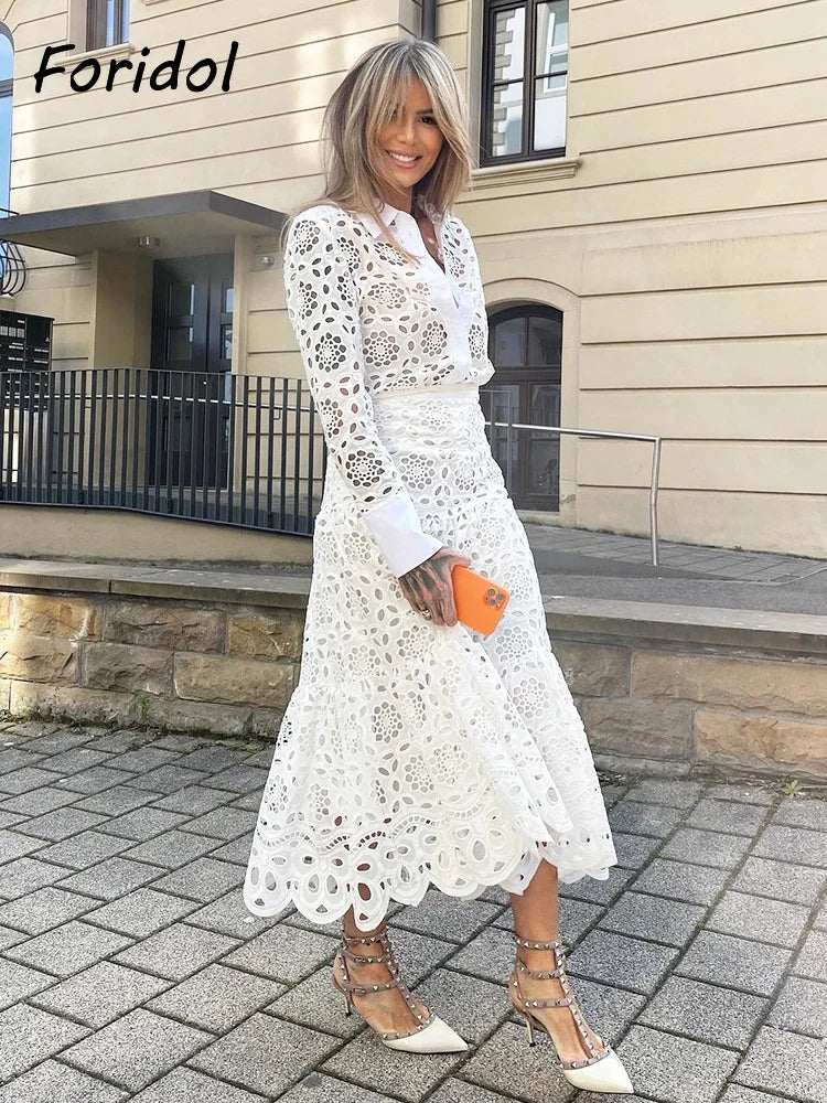 Spring Women Summer White Lace Dress Set Hollow Out Embroidery Shirt Skirt 2 Pcs Robe Outfits Single Breasting Cotton Maxi Dress