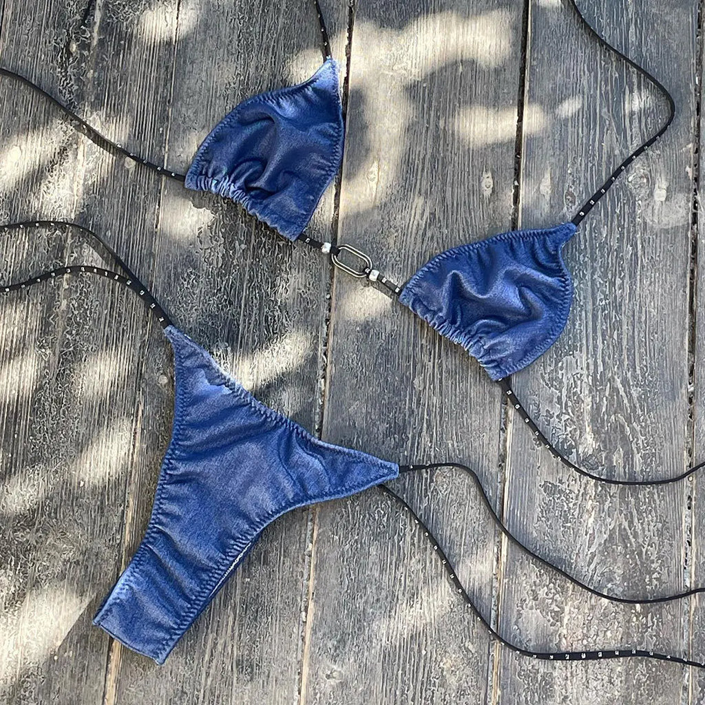 Sexy Triangle Bikini 2025 Women Blue Metal Chain Push Up Micro Swimsuit Summer Bathing Suit Tie Side Thong Swimwear Biquini