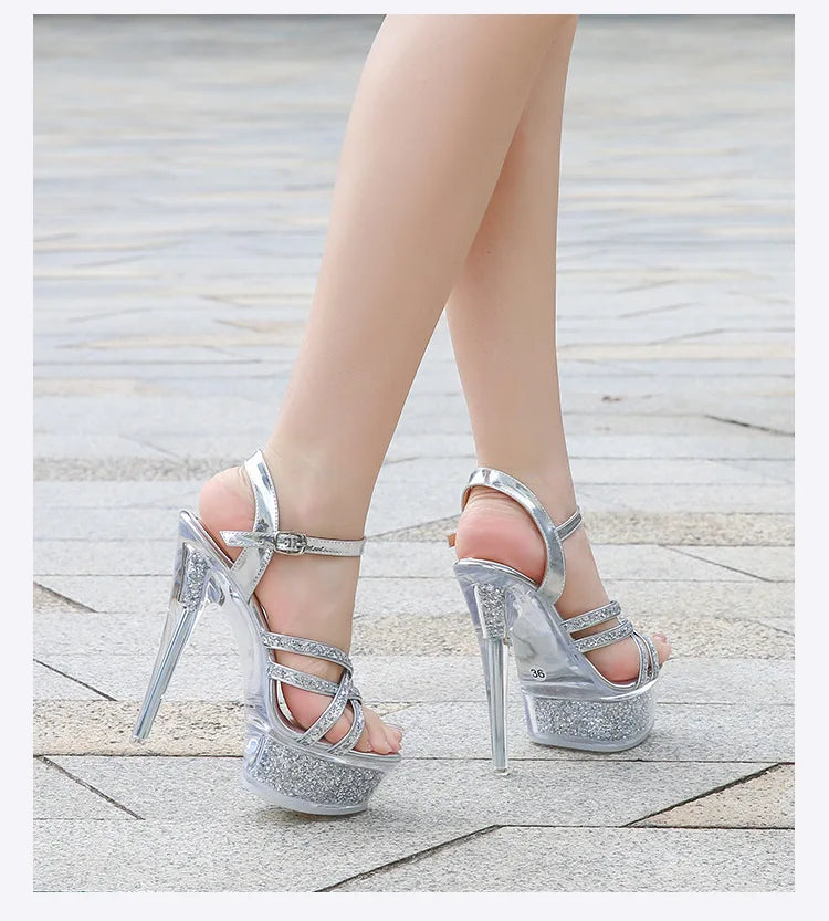 2026 New Silver Narrowband Women's Sandals 14CM Party Banquet Dress Shoes Summer Stiletto Nightclub Platform Crystal High Heels
