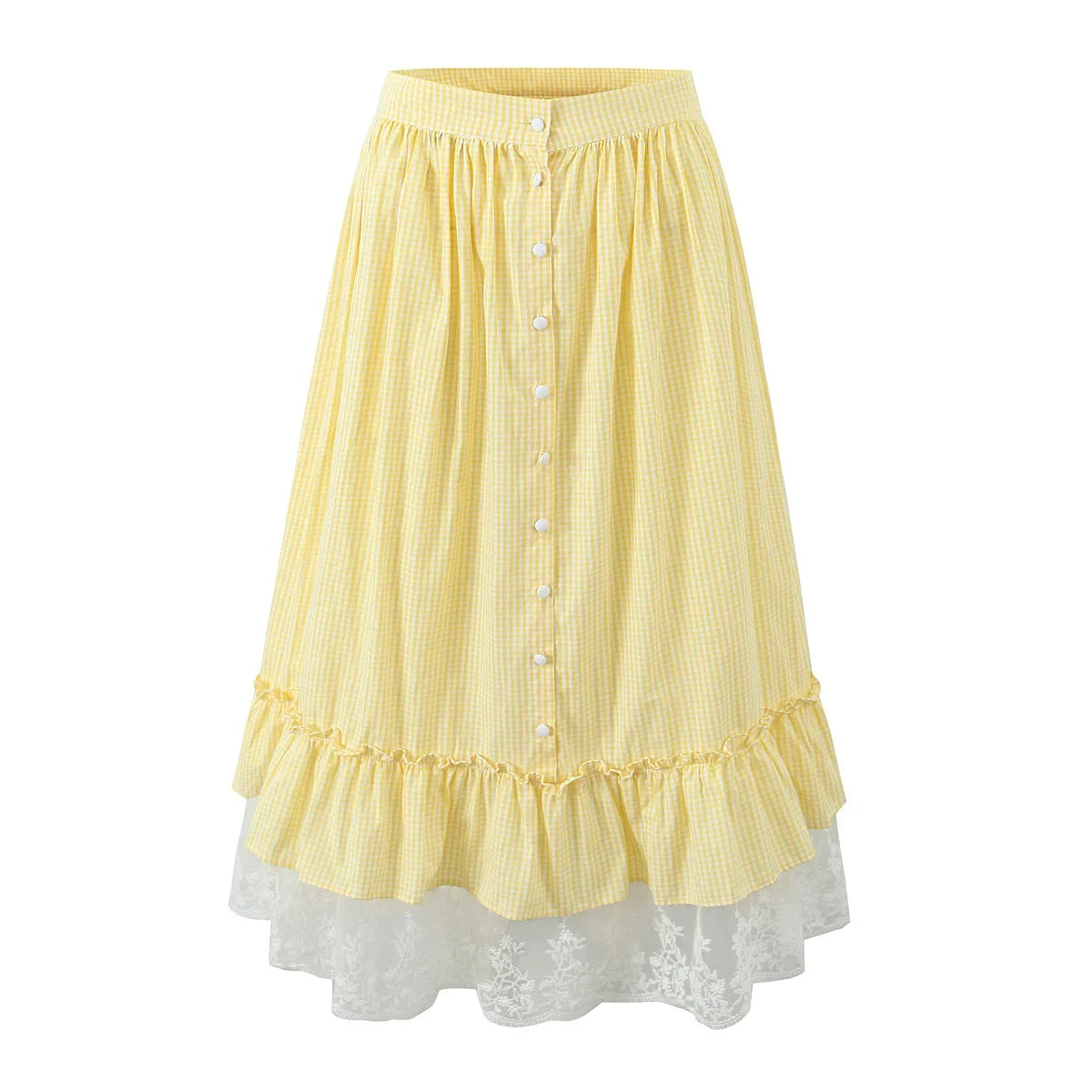 Foridol Gingham Printed Yellow Women Summer Dress Set Lace Top+skirt Sets Vintage French Style Midi Dress Oufits Plaid Vestidos