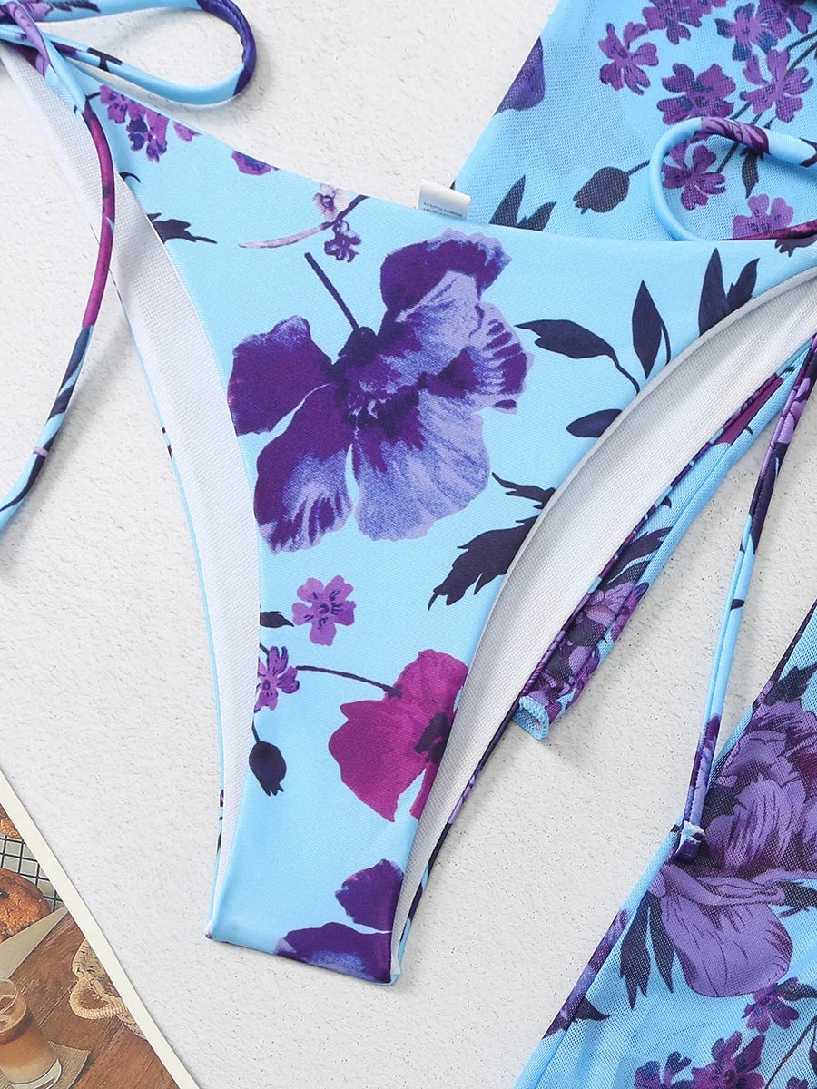3 Pieces Printed Halter String Bikini 2026 Women & Kimono Swimwear Female Swimsuit Beachwear Bathers Bathing Swimming Swim Suit
