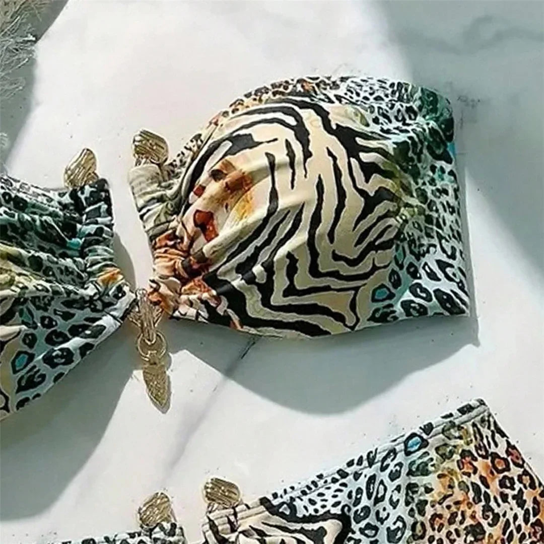 S - XL Sexy Leopard Printed Bandeau Bikini Female Swimsuit Women Swimwear Two-Pieces Bikini Set Bather Bathing Suit Swim V7541
