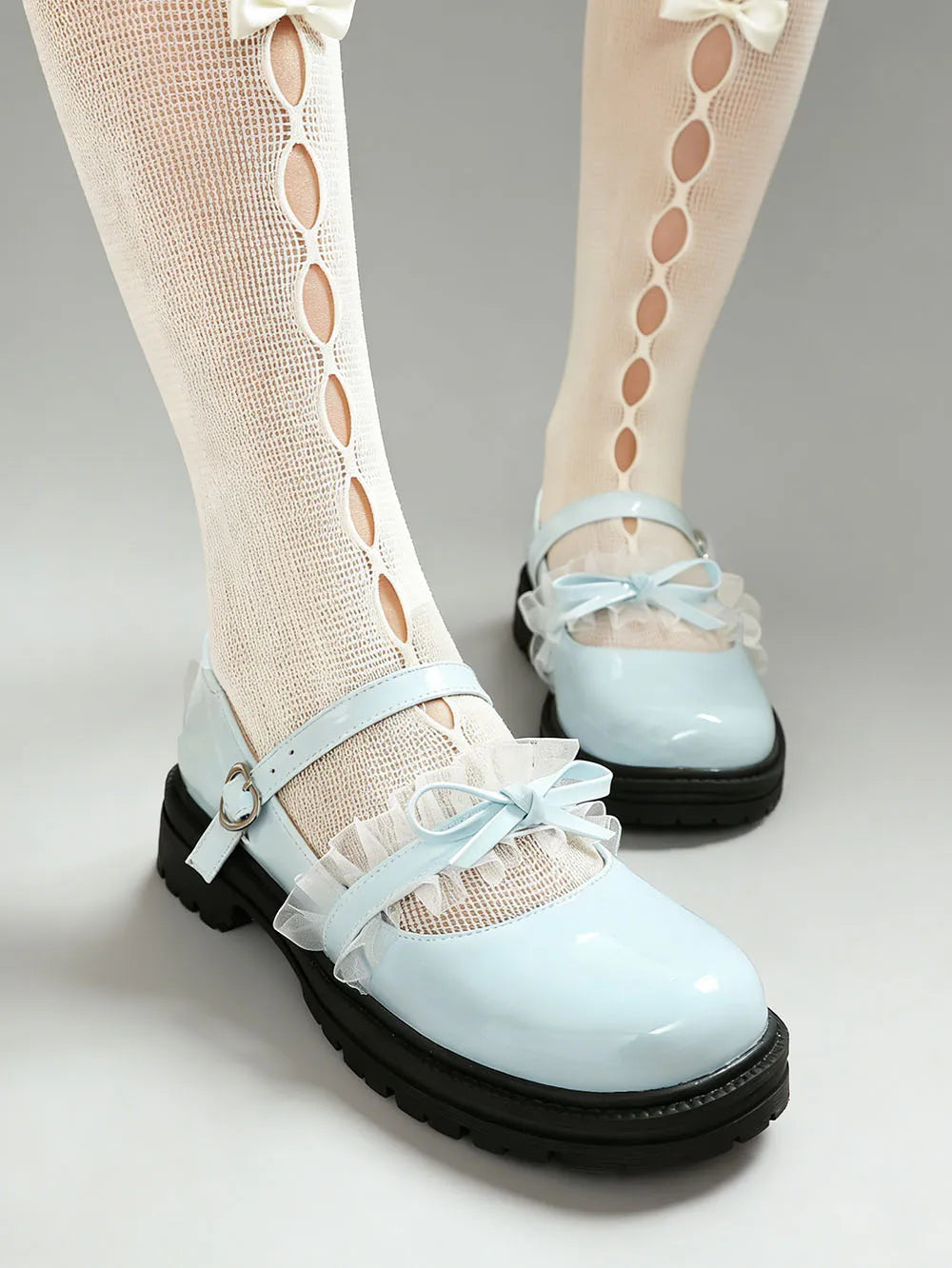 2026 Plus size 47 Sweet Blue Lace Ruffles Mary Janes Shoes Women Gothic Black Bow Knot Cute Lolita Cosplay Flats Casual Shoes