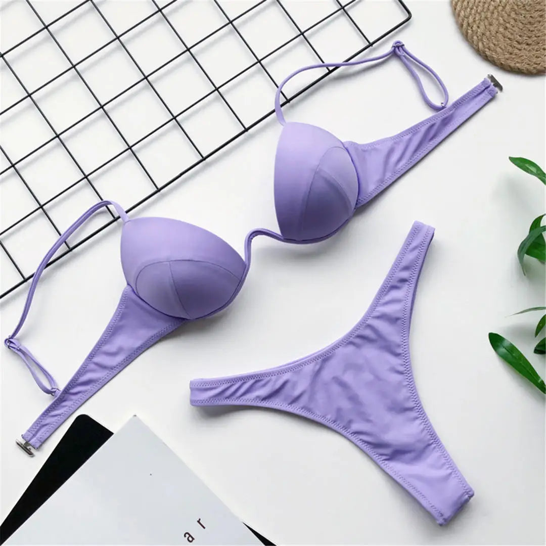 New Sexy V-bar Underwired Bra Push Up Bikini Women Swimwear Female Swimsuit Two-pieces Set V Wire Bather Bathing Suit Swim V1732