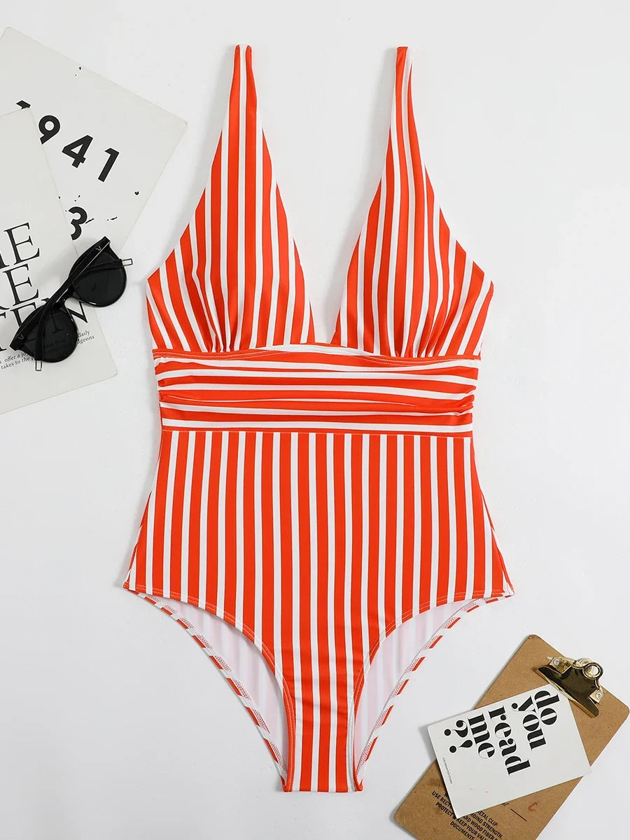 2026 Striped One Piece Swimsuit Vintage Swimwear Women V-neck Bathing Swimming Suit Female Summer Beachwear Bodysuit