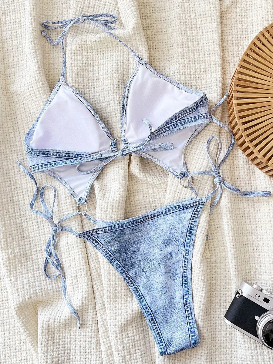 Halter Tummy Cut Out Denim Female Swimwear One Piece Swimsuit Women Backless Monokini High Leg Cut Bathing Suit Swim Beach Wear
