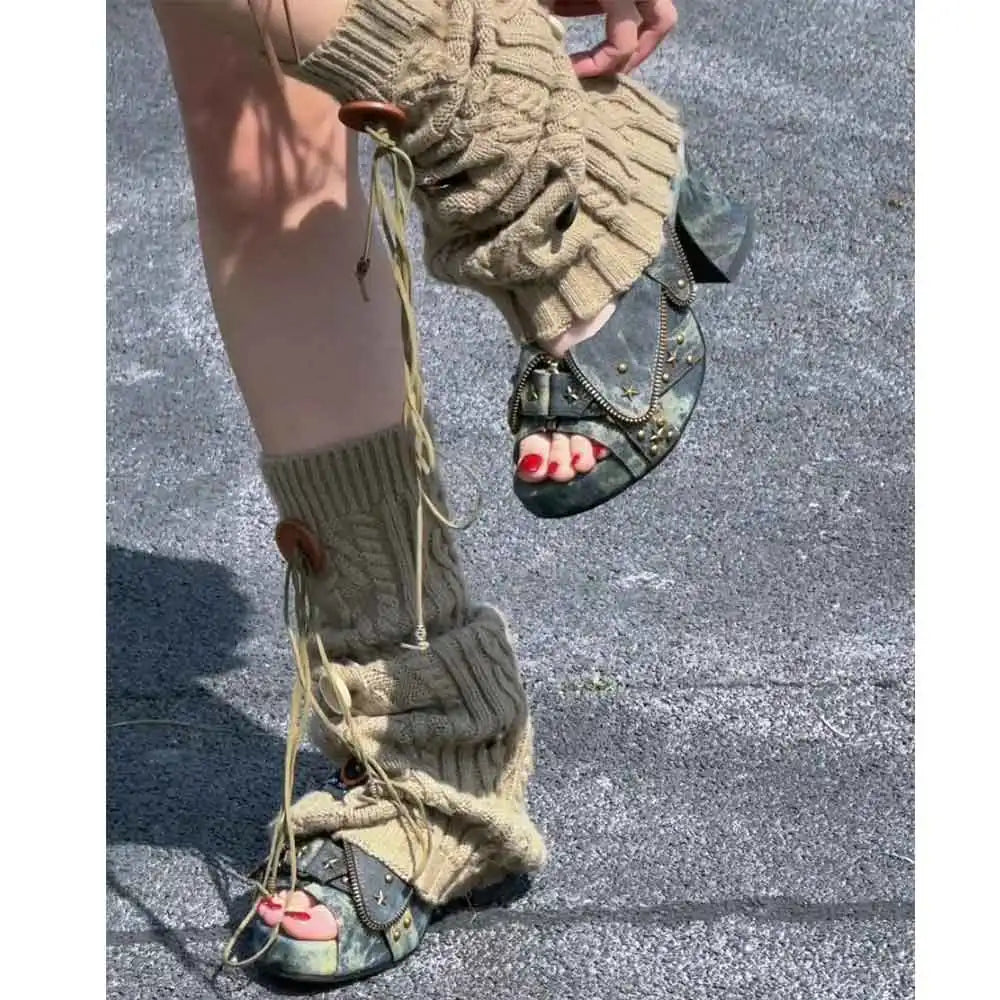 Brand New Women's Y2K Star Rivet Platform Sandals 2000's Peep Toe Slingback Chunky Heel Distressed Denim High Heeled Shoes