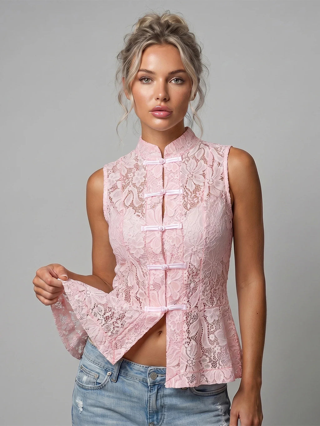 2026 Summer Women's Retro Lace Tops Elegant Mandarin Collar Chinese Frog Buttons Peplum Sleeveless Vest Blouses
