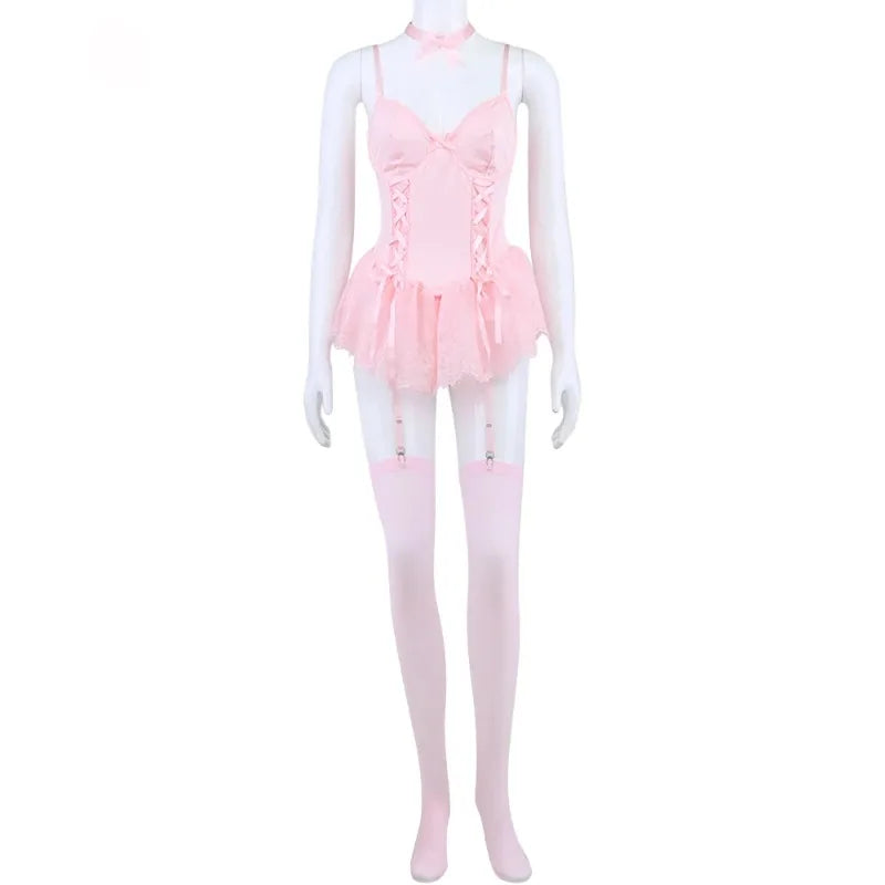 Toucheart Lace Fancy Patchwork Garters Sexy Lingerie Girly Pink Corset Dress Stocking Matching Cute Sexy Uniform Lingerie New