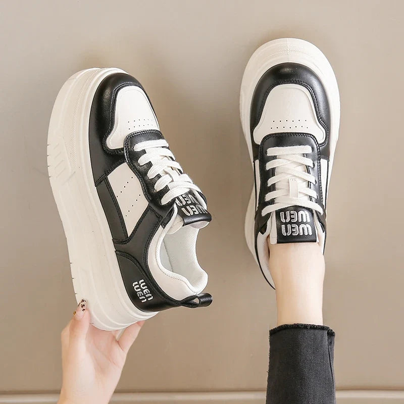 Pu Leather Thick Bottom Sneakers Women 2025 Breathable Platform Vulcanised Shoes Woman Womens All Match Lace Up Casual Sneakers