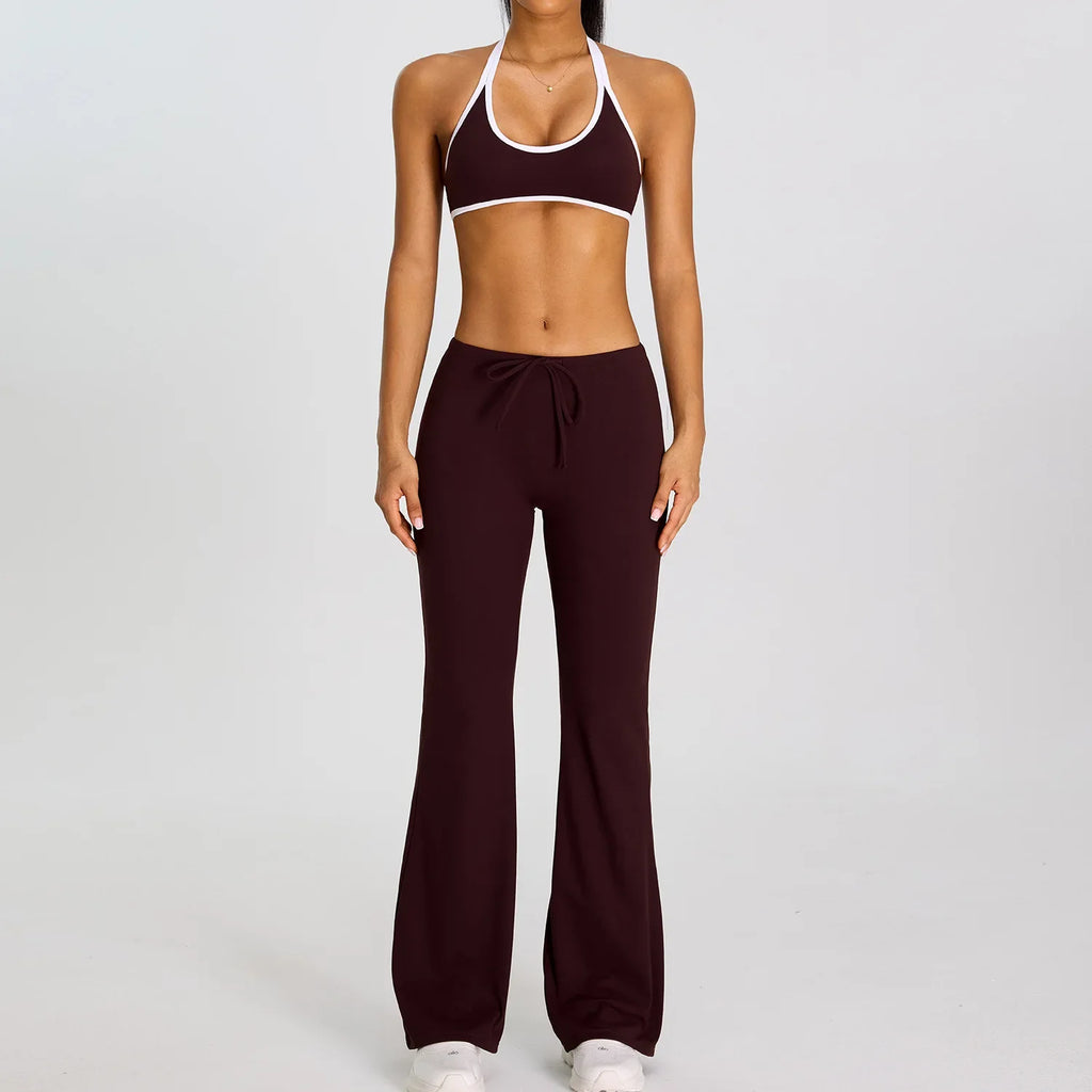 Breathable Yoga Suit for Women Color Contrast Shockproof Sports Bra Drawstring High Waist Pants Gym Running Fitness Suits