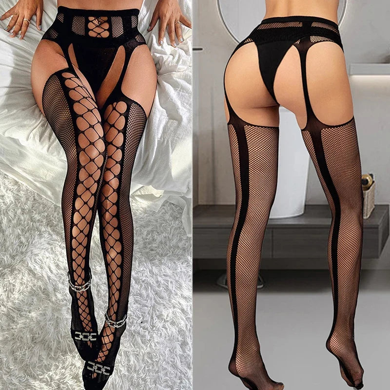 Black Women Fashion Tights Fishnet Stockings Female EroticLingerie Lace Mesh Hollow Out Sexy Stripes Garter  Pantyhos Club Party