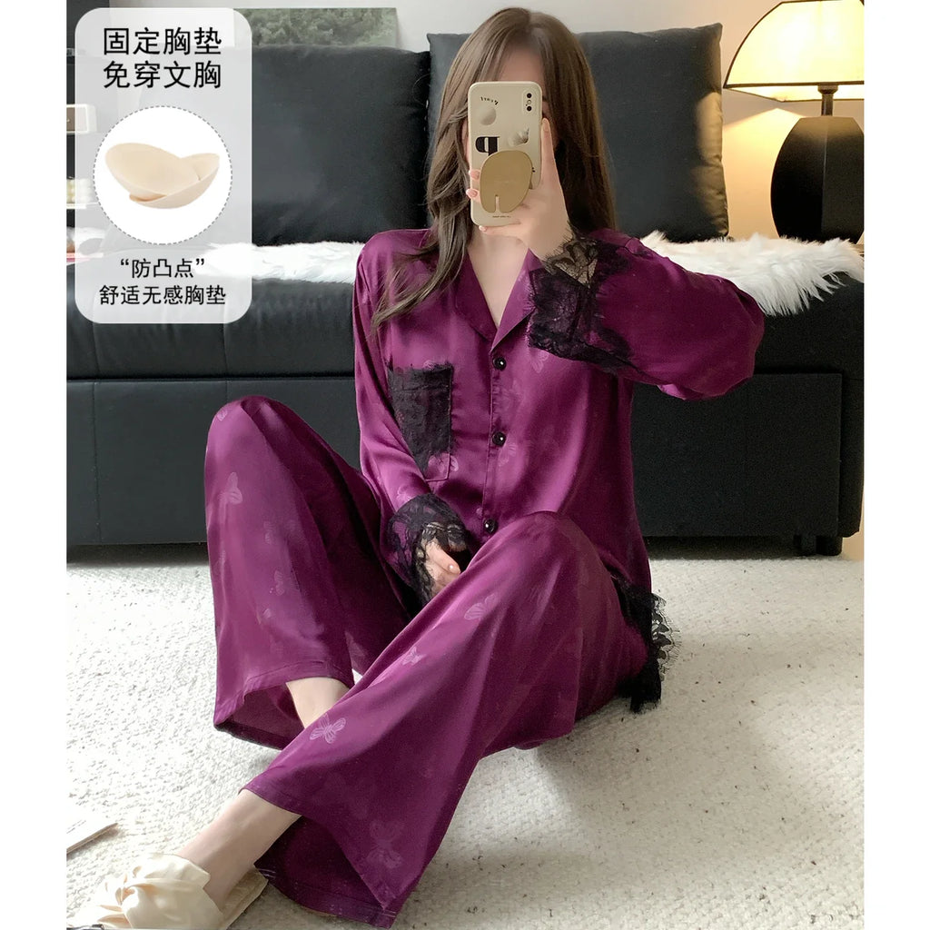 Spring and summer women's pajamas lace sweet cardigan long-sleeved suit home wear