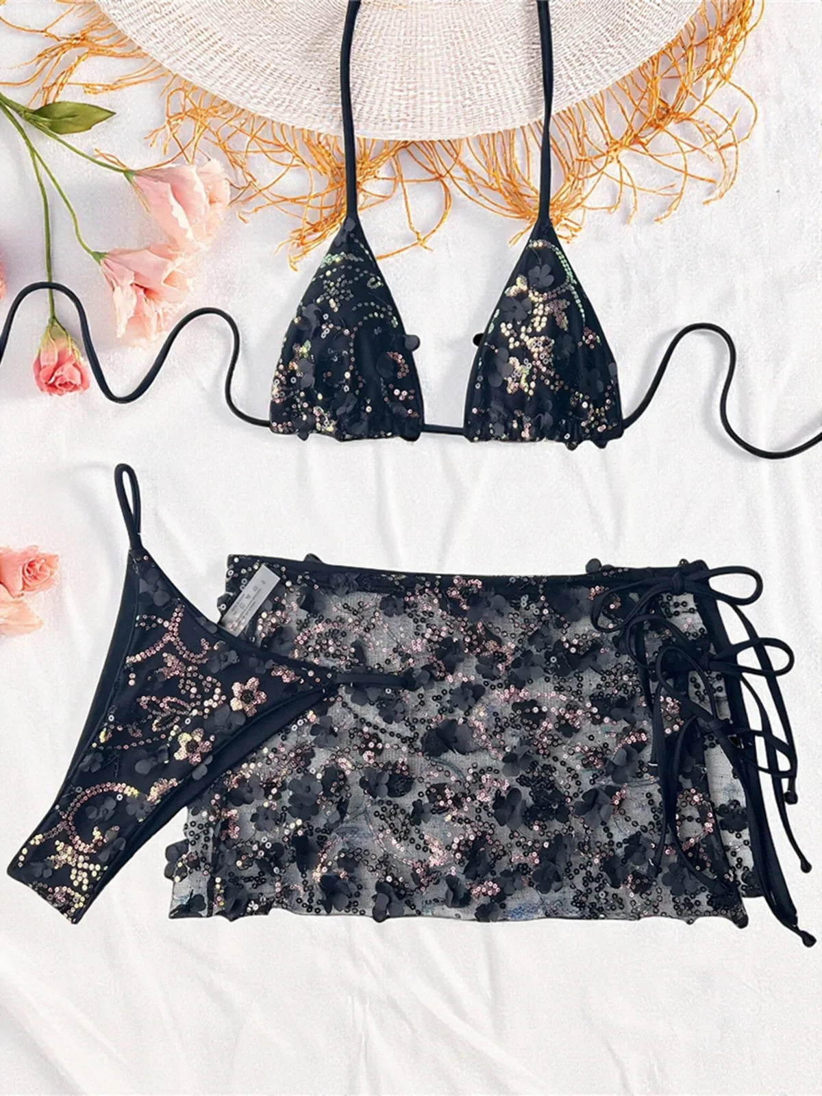 S - XL Three-pieces Bikini set With Skirt Flowers Sequins Bikini Female Swimsuit Women Swimwear Bather Bathing Suit Swim V7864