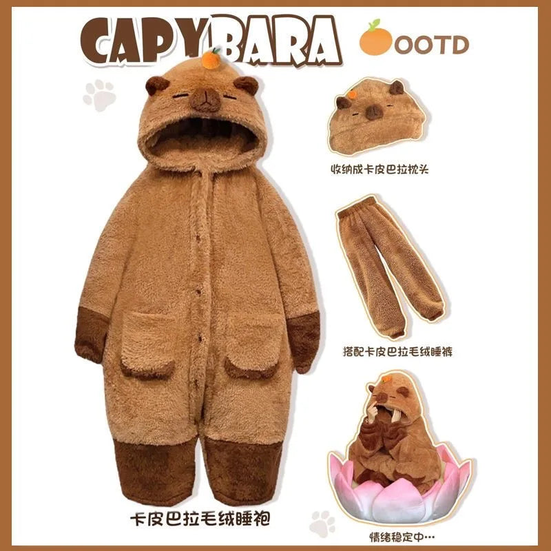 Adult Capybara Robes Onesies Pajamas Cartoon Pyjama Animal Kigurumi Slipper Halloween Cosplay Costumes Warm Sleepwear Jumpsuit