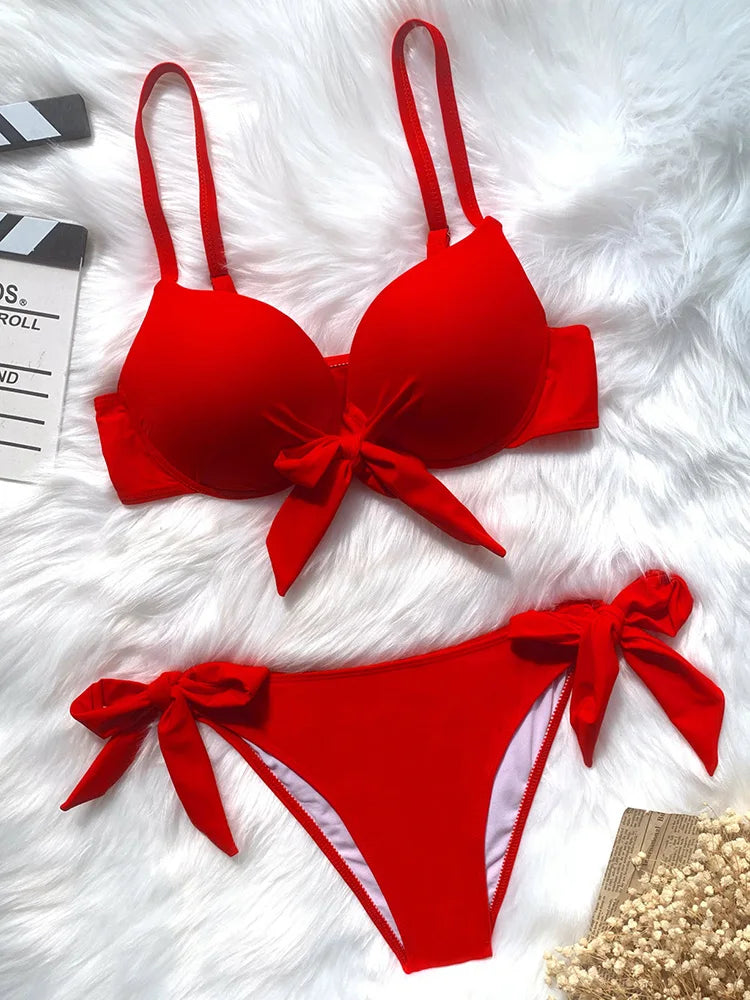 Sexy Knotted Underwired Bra Cup Bikini Women Swimsuit Female Swimwear Two-pieces Bikini Set Push Up Bikinis Bathing Suit Swim
