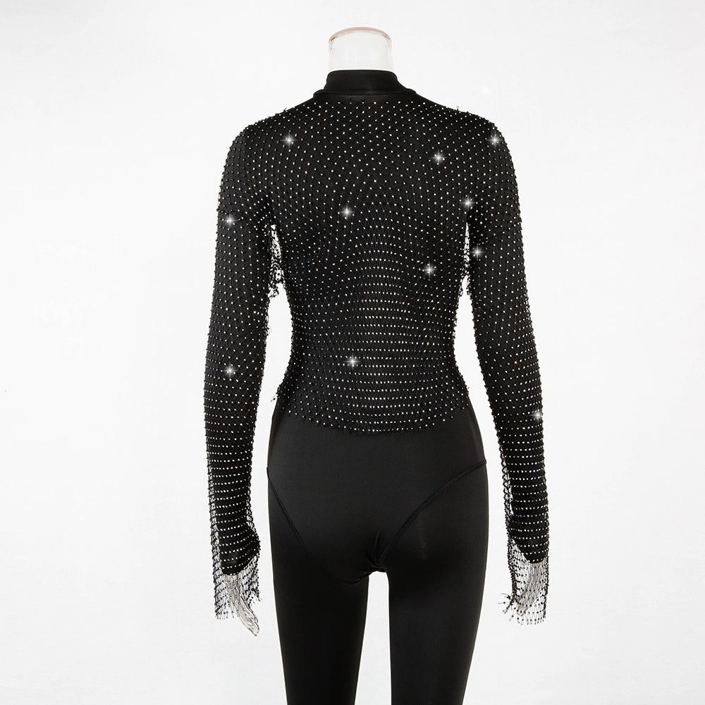 Women Rhinestone Fishnet T-shirt Solid Color Long Sleeve Crop Tops See Through Hollow Out Sexy Shirts Female Smock Tops