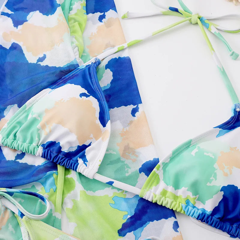 DEKA Sold Triangle Bikini Set Blouse Swimsuit Women Printed Halter Swimwear Cover Up Beach Wear 3 Pieces Sheer Bathing Suit