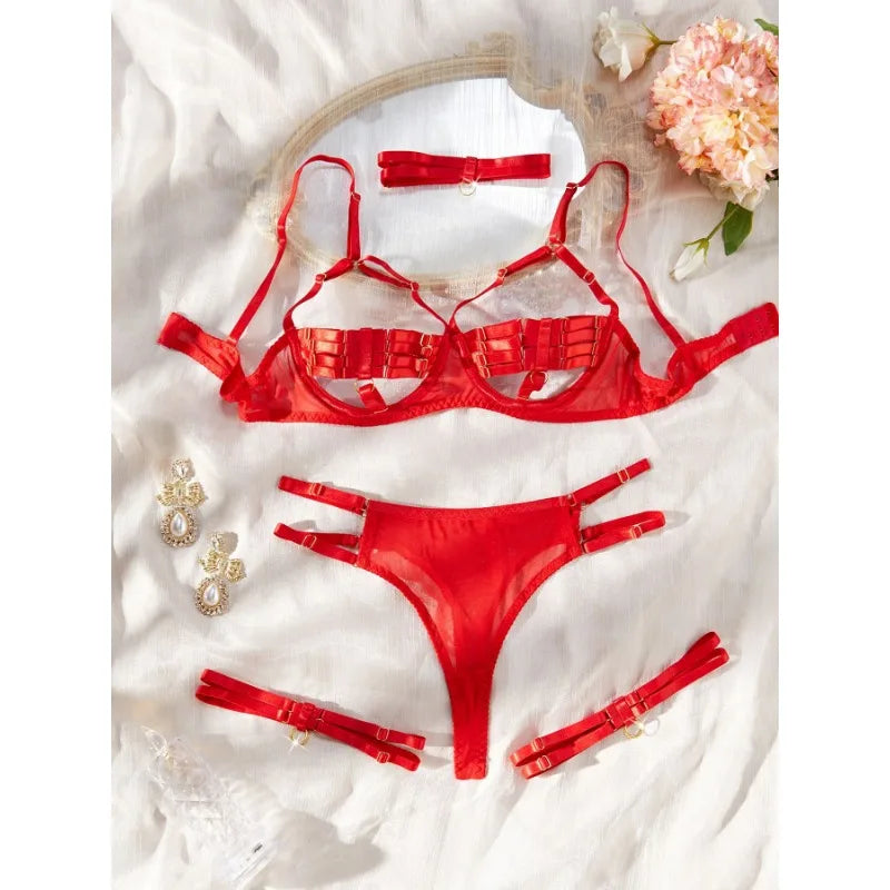 Toucheart Hollow Out 4-piece Sexys Set Transparent Lingerie For Women Underwear See Through Lingerie Sets Female Sexy Costumes