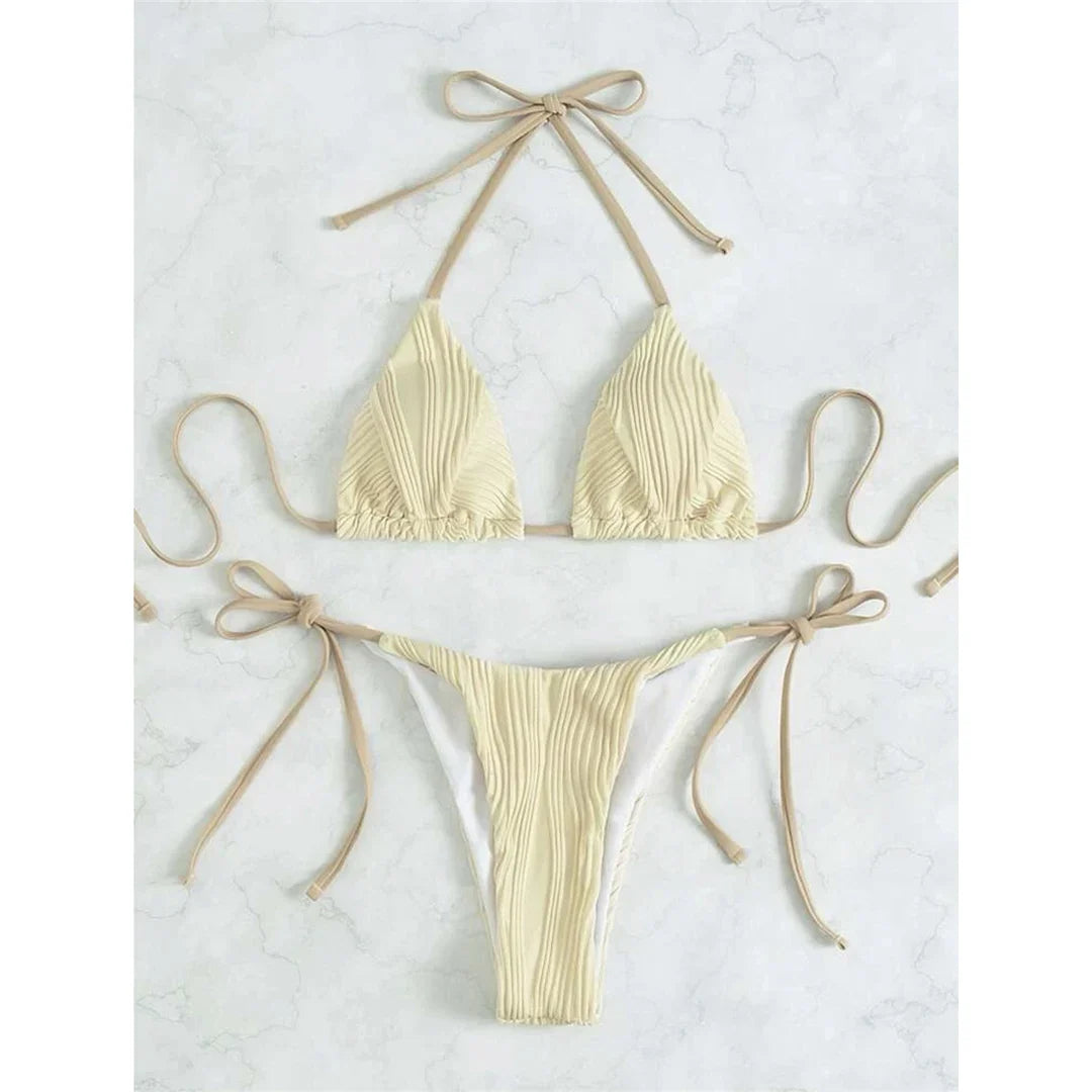 Sexy Wrinkled Halter Brazilian Bikini Female Swimsuit Women Swimwear Two-Pieces Bikini Set Bather Bathing Suit Swim Lady V4101