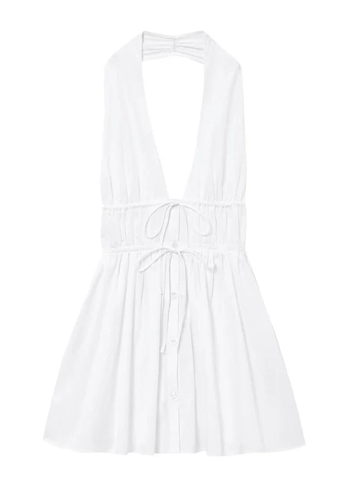 Bowknot White Backless Beach Summer Women's Dress Deep V Neck Cotton Short Vestidos Sexy Sleeveless Halter New in Dress 2025
