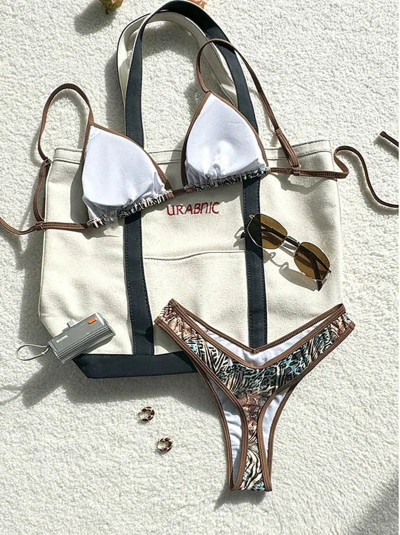 Sexy Leopard Print Bikini 2 Piece Set Women Laced Up Split Swimsuit Low Waist Beachwear 2025 New Summer Swimwear Bikinis Set
