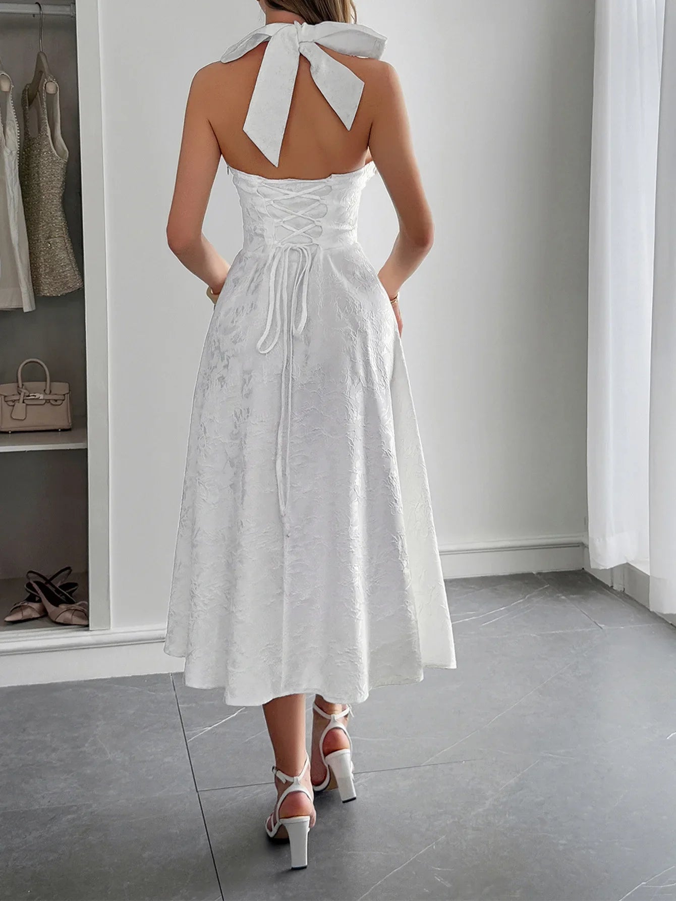White Jacquard Backless Bow Evening Party Dress Women Robes Backless Elegant Sexy Dress Bodycon Long Summer Dress Vestidos