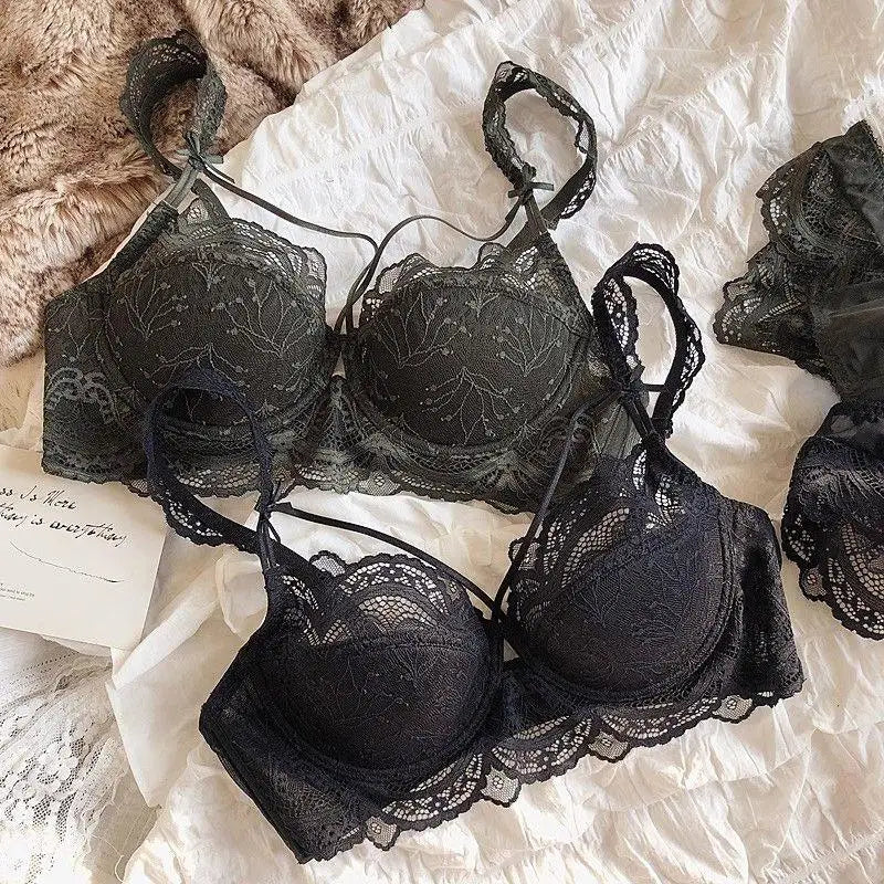 MOYISU Sexy French Lace Bralette Small Bust Cup Bra Set with Removable Straps & Push Up Pads, Soft Underwire Thin Girls Bra Top