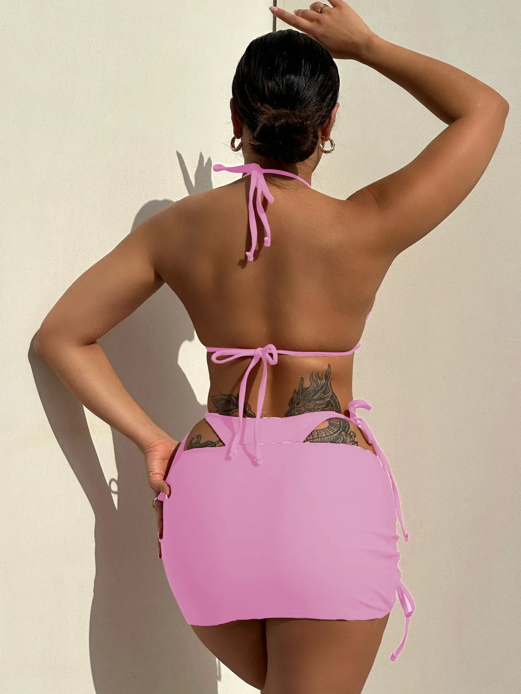 2026 Summer Leopard Print 3 Pieces Suit Swimwear Reversible Sexy Halter Lace-up Bikini Set Drawstring Skirt Cover Up Beachwear