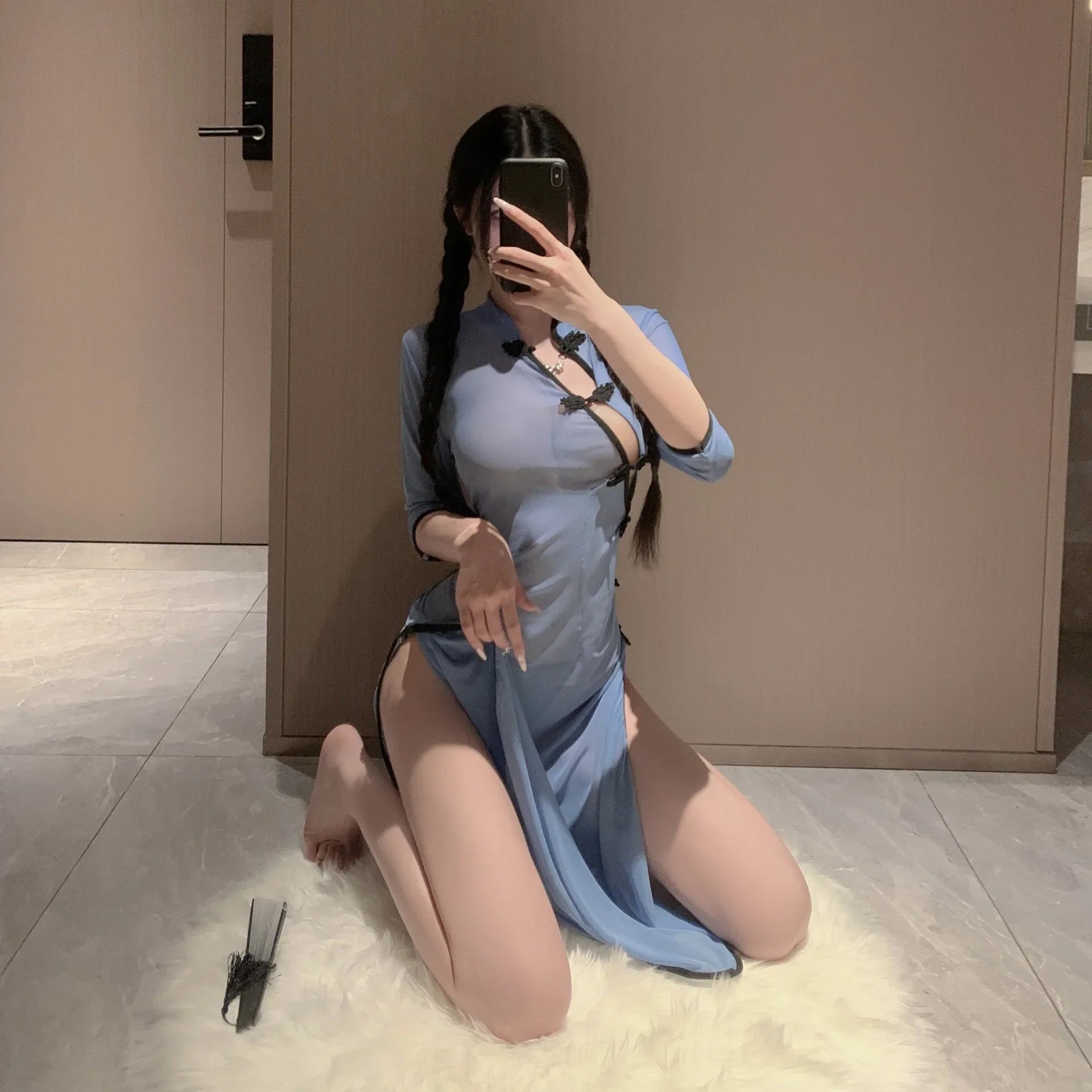 Sexy Cheongsam Lingerie Set Pure Desire Style Dating Outfit Easy-off Uniform Seductive Nightwear for Small Bust Intimate Lingeri