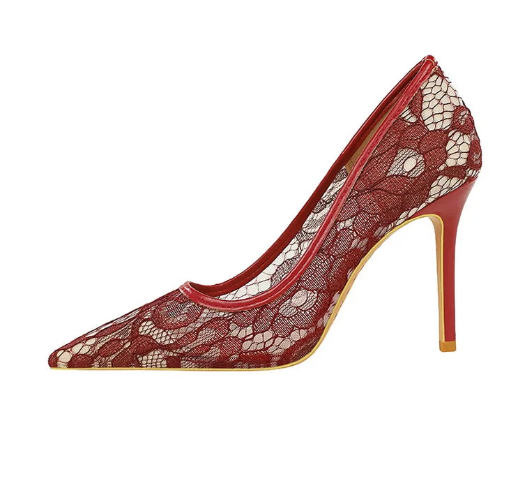 NASBAVI Sexy Lace High Heels Net Gauze Thin Heel Pointed Toe Slimming Nightclub Style Low Heel Single Shoes 41 42 43