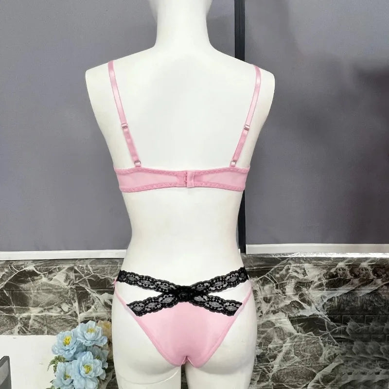 Toucheart Sexy Lace Patchwork Pink Lace Bra Thong Underwear Set For Women Bow Knot Black Lace Up Hollow Out Sexy Lingerie Set